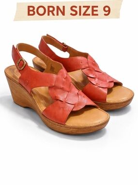 Born Nina Wedge Sandals Size 9 Rust Leather Braided Slingback 3” Heel Comfort